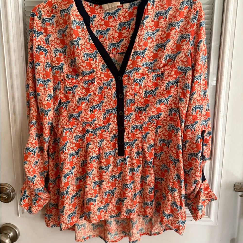 Anthropologie Orange and Blue Zebra Print Blouse